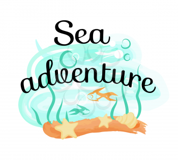Sea adventure icon with inscription depicting diversity of marine life isolated vector illustration on white background in cartoon style