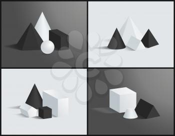 Geometric composition, color vector illustration, black and white, hecagonal and square pyramids, cuboids and cube, triangular and pentagonal prisms