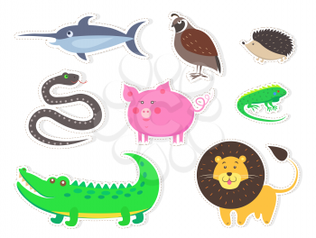 Bird, animals and fish isolated on white background. Blue swordfish, thick hazel grouse, small hedgehog, wriggling snake, pink pig, green lizard, big crocodile and cute lion vector illustrations set.