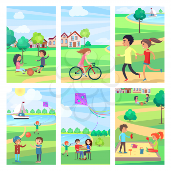 Active rest in urban park poster of six vector illustration with kids on attraction, riding bike, playing ball or in sandbox, running, flying kite