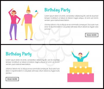 Birthday party web posters set with men and women celebrating happy holiday, woman jumping out of festive cake vector in cartoon style online pages