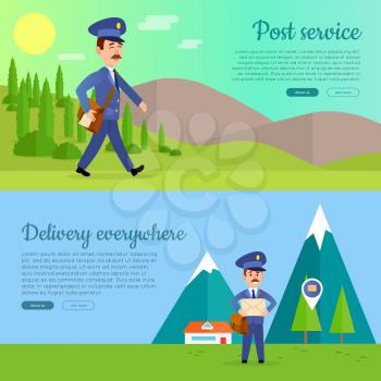 Post service web banners set with cartoon postman. Postal couriers delivers correspondence on distant mountain locations flat vector illustrations. Horizontal concepts for mail company landing page