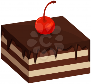 Chocolate cake with cherry. Creamy chocolate cake with dark icing vector illustration. Holiday dessert, pie with cream and cherry. Delicious homemade sweet dish. Bakery, homemade pastry concept