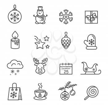 Set of black and white icons isolated on light background. Vector illustration with glowing candle, cup of hot tea and smiling cute snowman in scarf