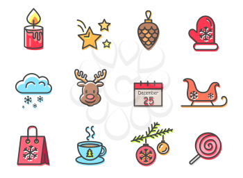 Candle and stars, toy and mitten, cloud and reindeer, cup of hot tea and candy, icons on Christmas theme set vector illustration isolated on white