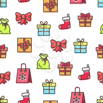 Christmas seamless pattern with bags and presents with bows made of ribbons, red sock, packages with snowflake print, isolated on vector illustration