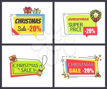 Christmas sale -20 , collection of posters with stickers of rectangular shapes with icons of presents, wreath and stars with bells vector illustration