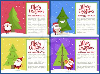 Merry Christmas and happy New Year, Santa Claus, with note, present and list, jumping character, and evergreen tree set, vector illustration
