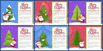 Merry Christmas and happy New Year, collection of posters with Santa Claus and evergreen tree covered with snow, text sample vector illustration