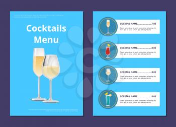 Cocktail menu advertisement poster with closeup of champagne glasses, vector illustration of drinks ingredients, types and price on blue background