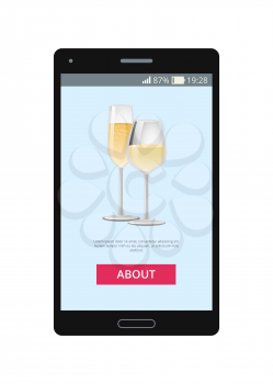 Champagne glasses shown on mobile phone in application, with icons of alcoholic drinks, information and button vector illustration isolated on white