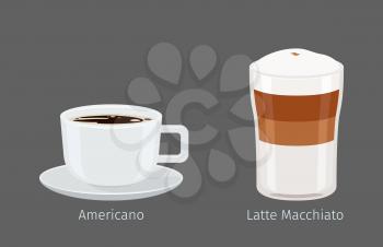 Coffee cups with Americano and Latte Macchiato on grey background with name text under each. Kinds of Italian coffee. Minimalist isolated vector illustration of hot drinks for coffee shops and cafes.