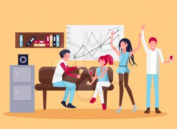 Smiling people sitting in office and drinking red wine, workplace with whiteboard and scheme, sofa and drawers with documents vector illustration