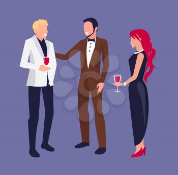 People at party, talking and enjoying company of each other, drinking wine and smiling, icons represented on vector illustration isolated on purple