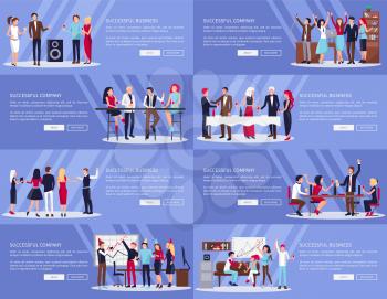 Successful company and business, collection of web-pages, with text and buttons, people partying and celebrating in office vector illustration