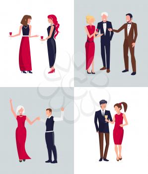 People at party, drinking red and white wine and having fun together, talking and dancing on vector illustration isolated on white background