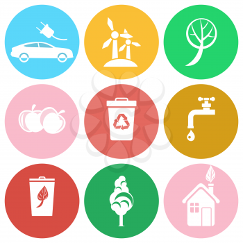 Alternative eco energy, save water and greening planet round icons isolated vector illustrations set on white background.