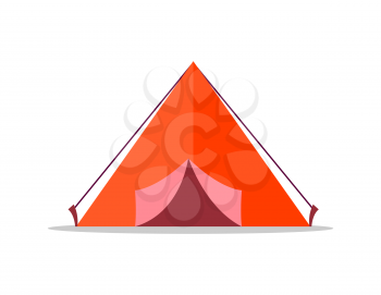 A-frame tent made of red fabric with half opened doors and purple ropes and pegs isolated vector illustration on white. Shelter used for sleeping
