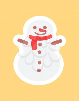 Snowman in cute red scarf funny sticker in white framing vector illustration isolated on beige backdrop. Winter character made of snow color icon