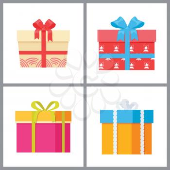 Set of gift boxes with decorative wrapping paper with ribbons and bows vector illustration isolated on white background. Present wrapped packages icons