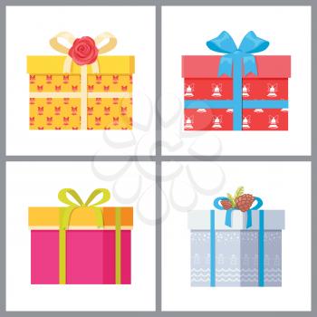 Set of stylish gift boxes in decorative wrapping paper with bells, topped by bows with flowers and cones vector illustration icons isolated on white