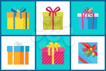 Christmas present set of icons on blue and white background. Vector illustration with colorful gift boxes decorated with shiny beautiful ribbon bows