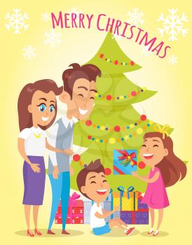 Merry Christmas family holiday poster with parents giving gifts to children. Vector illustration with happy family celebrating xmas eve together