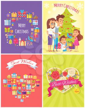 Merry Christmas and best wishes, banners set with presents, and icons of snowman, tree and snowflakes, family and roses, vector illustration