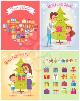 Best wishes and merry Christmas, set of posters with letterings in ribbons and family, dad and daughter, mother and son, vector illustration