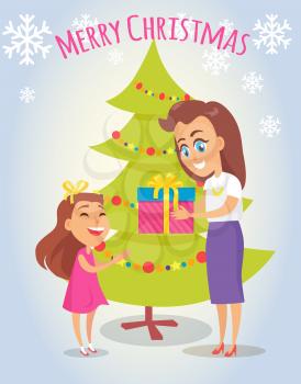 Merry Christmas poster with mother and daughter near to xmas tree. Vector illustration with parent giving present to happy child on light background