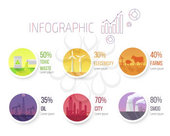 Toxic waste, electricity usage, farms quantity, oil extracting, city square and smog spreading infographic vector illustration.