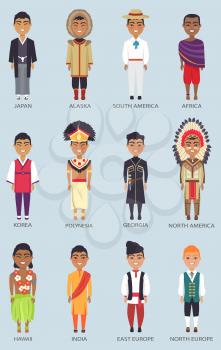 Japan and korea, alaska and africa, india and hawaii, set of icons with men representatives on vector illustration isolated on blue
