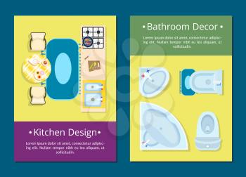 Kitchen design and bathroom decor web pages set with icons of stove, table and chairs, sink and toilet and text sample vector illustration