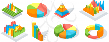 Collection of 3d pie diagrams, pie charts. Isometric infographics. Financial strategy, data research. Visual presentation, digital marketing, business statistics concept. Visualization of infocharts