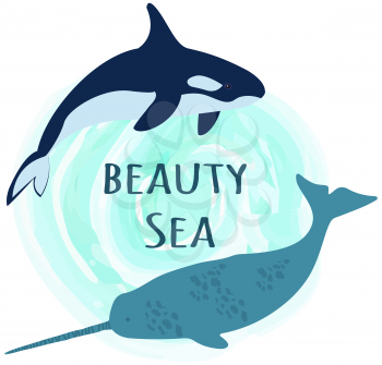 Large predatory marine mammals, whale, narwhal. Predatory animals living in ocean swimming around inscription. Wild animals, ocean mammals. Killer whale and narwhal in sea vector illustration