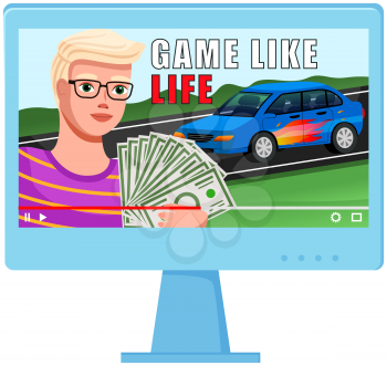 Rich man makes video and talks about success. Successful businessman with money near car. Rich life, successful person, expensive car, wealth. Video blog about wealth and success on computer monitor