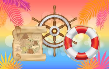 Marine inventory on pink tropical background. Lifebuoy, treasure map and steering wheel for being at sea. Pirate inventory, items for nautical design. Nautical symbols, icons vector illustration