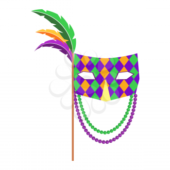 Carnival mask with handle decorated colorful feathers and beads flat vector isolated on white background. Masquerade clothing attribute illustration for costumed party or festival invitation design