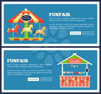 Funfair posters with carousels and food booths. Vector illustration with attractions and kiosks full of sweets, candies and soda drinks in bottles