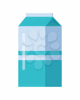 Milk blue carton package. Carton of dairy. Milk box. Farm food. Milk icon. Retail store element. Simple drawing in flat style. Isolated vector illustration on white background.