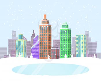 Wintertime cityscape poster with frozen lake in park zone and buildings covered with snow on background. Vector illustration with snowy winter city
