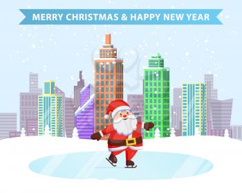 Merry Christmas happy New Year ice-skating Santa on frozen lake in snowy city park. Vector illustration with wintertime cityscape and fairy tale character