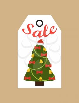 Sale promo tag with evergreen tree decorated by bells and bows, promo label in Christmas and New year concept vector illustration commercial cardboard