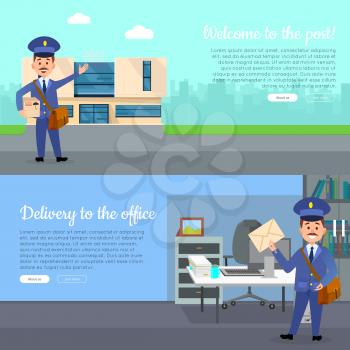 Post service web banners set with cartoon postman. Postal couriers with correspondence near post building and in office interior vector illustrations. Horizontal concepts for mail company landing page