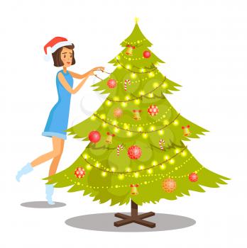 Woman wearing blue dress, decorating Christmas tree with baubles, balls and bells, candies and shining garlands, isolated on vector illustration