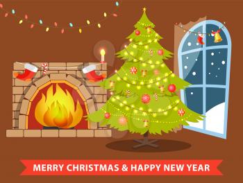 Merry Christmas and happy New Year room decorated with garlands, balls and bells, symbolic evergreen tree and fireplace, vector illustration