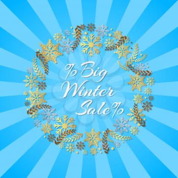 Big winter sale inscription in frame of snowflakes vector isolated on blue rays. Stylish advertising poster with calligraphic text and decor elements