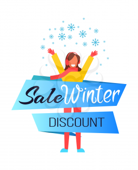 Sale winter discount, woman wearing scarf and warm clothes with raised hands, lady in good mood because of snow and sale vector illustration