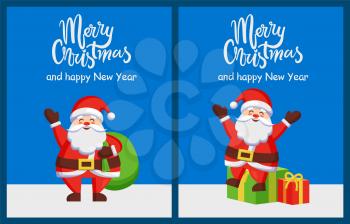 Merry Christmas and happy New Year congratulations from Santa Claus with gift boxes. Vector illustration with happy winter character and presents