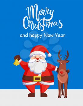 Merry Christmas and Happy New Year poster with Santa Claus and reindeer walking outdoors. Vector happy man holding golden bell and brown deer